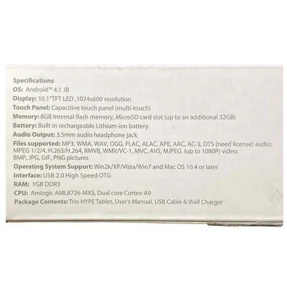 NEW TRIO HYPE 10.1” Dual Core Tablet 8gb WiFi Webcam Android 4.1 Factory Sealed